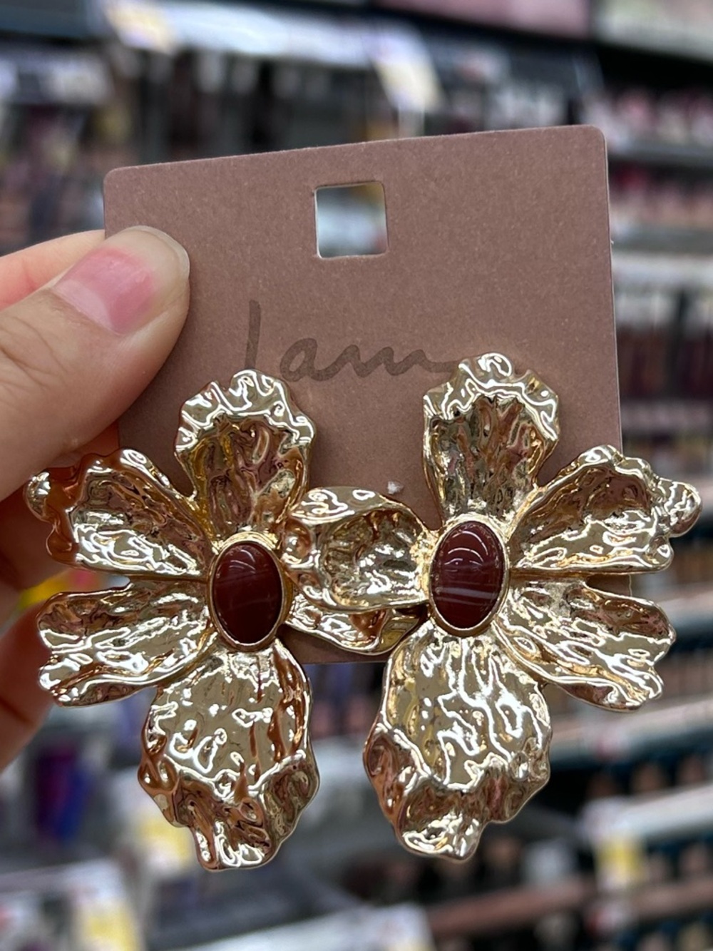 Floral Hammered Metal Statement Earrings - Gold with Brown Center